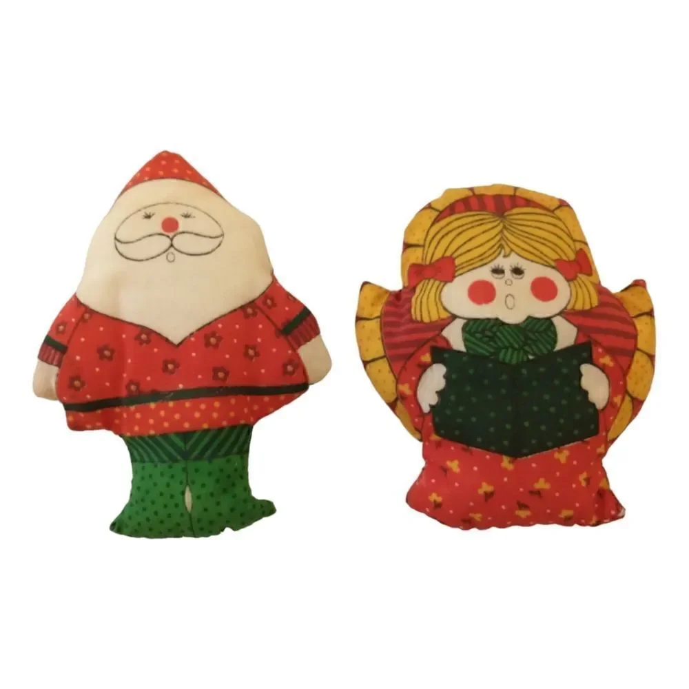 Vtg 80s Christmas Stuffed Ornament Lot‎ of 2 Fabric Handmade Angel Santa Claus.